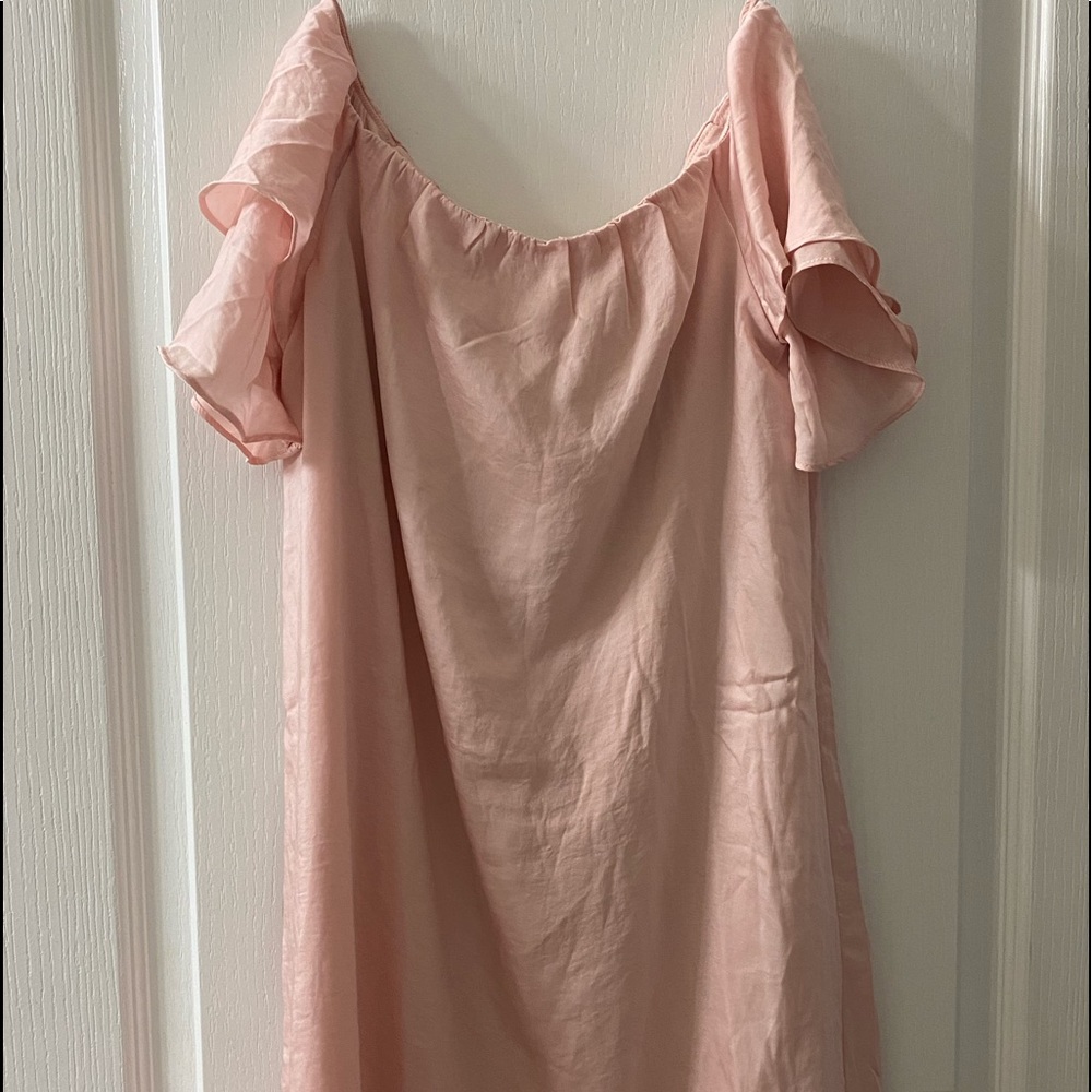 blush pink off the shoulder dress
